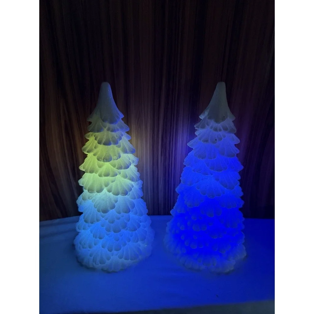 Set of 2 Lighted Color Changing LED Christmas Trees Glitter White Battery Operat